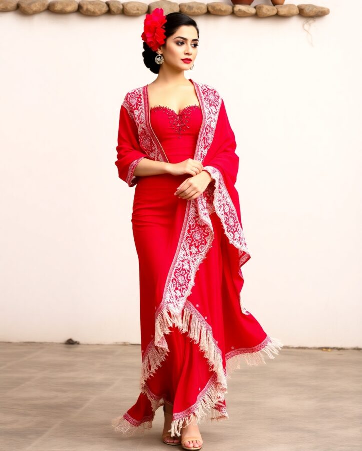 A woman wearing a vibrant, flowing Spanish Flamenco dress, often adorned with ruffles, lace, and intricate patterns, perfect for passionate dance performances.