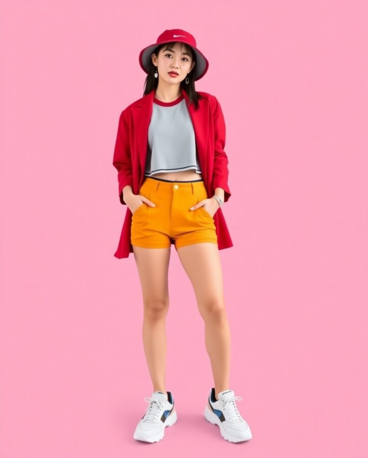 A stylish, casual outfit blending retro sportswear elements with a modern twist.