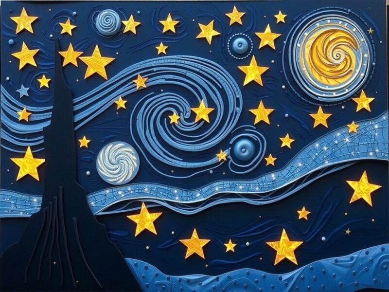 Outdoor wall art depicting a starry night sky with shimmering stars, creating a magical and festive ambiance for the holiday season.