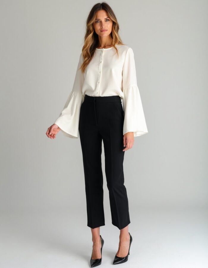 Stylish outfit featuring a statement sleeve blouse, adding a bold and fashionable touch.