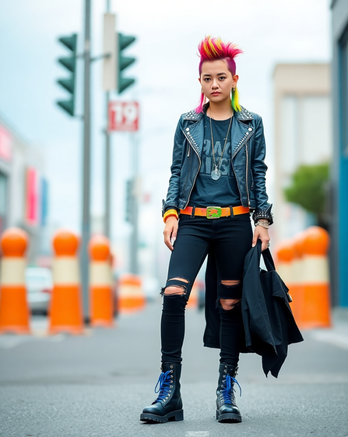 A lady dressed in a rebellious Street Punk outfit, a bold and edgy statement of self-expression.