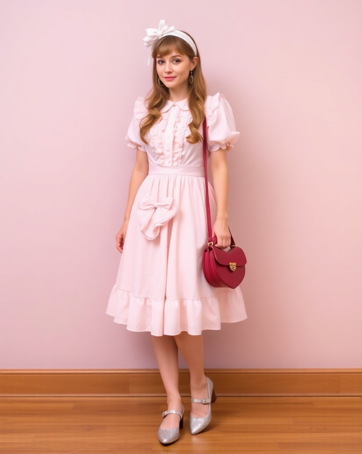 a lady dressed in a Sweet Lolita-Inspired Decora Look, featuring pastel colors, lace, and delicate details, creating a whimsical and enchanting aesthetic.