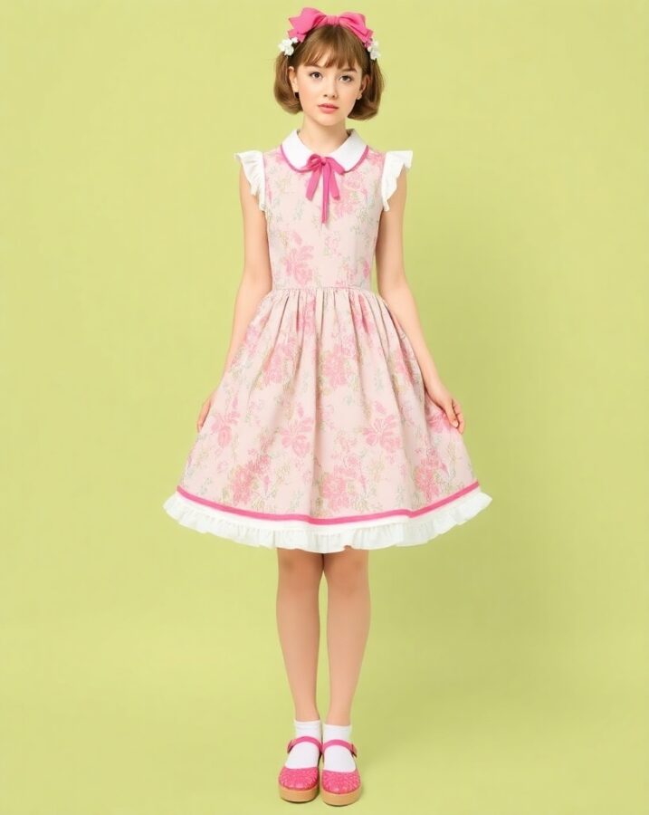 A lady dressed in a whimsical Baby, the Stars Shine Bright JSK, embodying the sweetness of Sweet Lolita fashion.