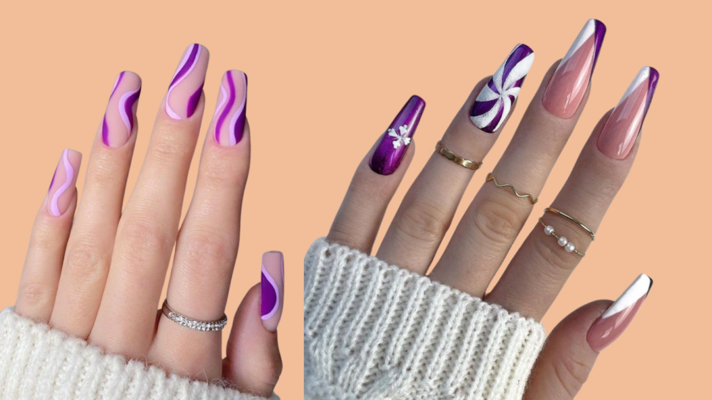 Creative swirled French nails with flowing curved lines.