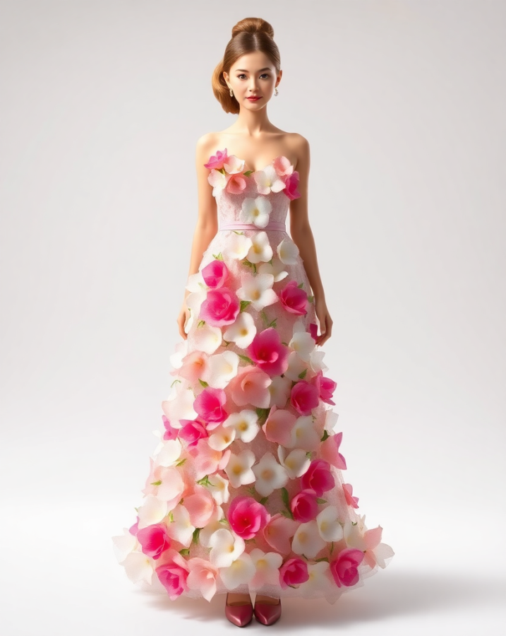 A lady dressed in a show-stopping gown adorned with intricately designed, animated flowers that add a touch of magic.