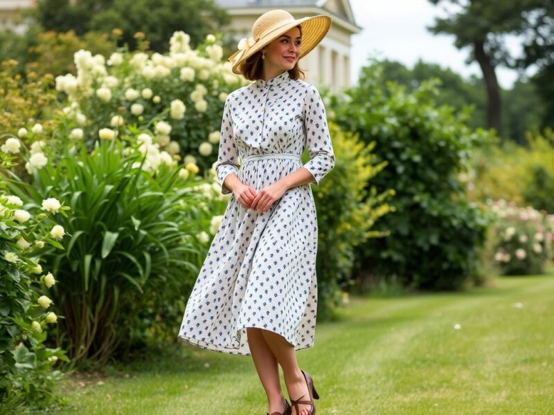 A woman wearing a charming day dress with a high neckline, a fitted bodice, and a full skirt