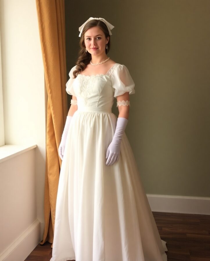 A woman wearing a flowing Regency gown with a high neckline, long sleeves, and a fitted bodice, accessorized with elegant gloves.