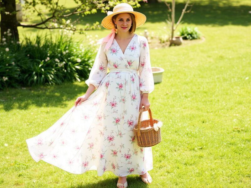 A woman wearing a simple, yet elegant dress suitable for a countryside picnic