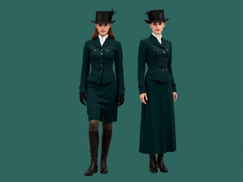 Two woman wearing a practical yet stylish riding habit, consisting of a tailored jacket, a high-collared shirt, a skirt, and riding boots.