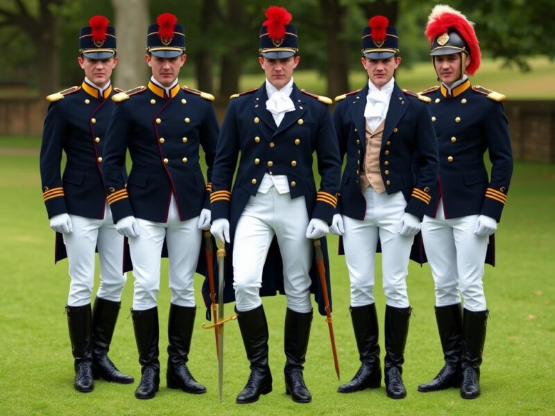 Men wearing a dashing military uniform with a high collar, a fitted coat, and trousers, showcasing the military style popular during the Regency era.