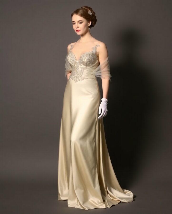 A woman wearing a glamorous evening gown with a low neckline, a fitted bodice, and a flowing skirt, perfect for a Regency era ball.