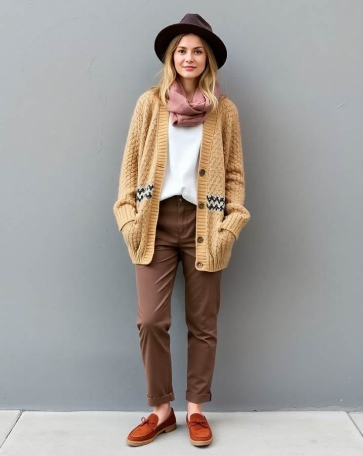 A lady dressed in a stylish outfit featuring a quirky cardigan paired with classic chinos.