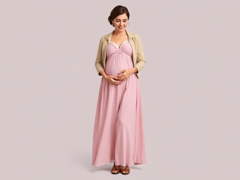 A woman wearing a flowing, loose-fitting Regency maternity gown, designed to accommodate a growing belly while maintaining a stylish and elegant appearance.