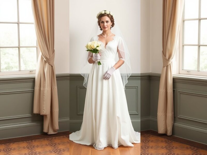 A woman wearing a beautiful Regency wedding dress