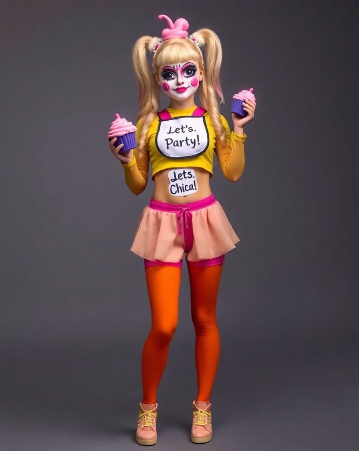 A girl dressed as Toy Chica, showcasing the playful yet slightly unsettling design of the FNAF character.