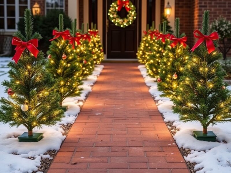 A festive tree-lined walkway adorned with sparkling Christmas lights, creating a warm and inviting atmosphere for the holidays.