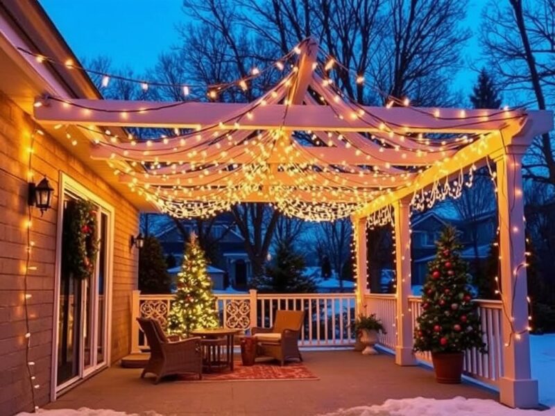 A twinkling canopy of Christmas string lights hanging overhead, creating a magical and festive atmosphere outdoors.