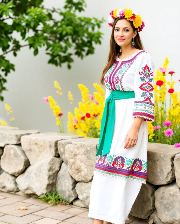 A woman wearing a beautiful, embroidered Ukrainian Vyshyvanka, a traditional embroidered shirt often considered a symbol of Ukrainian national identity.