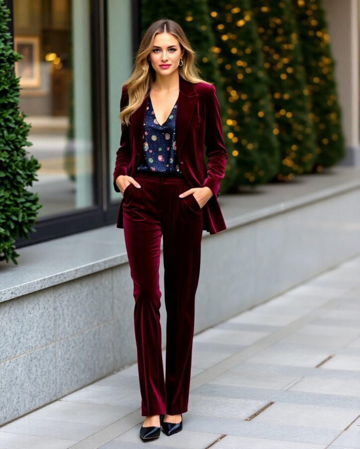 A luxurious velvet suit in rich color, perfect for a chic and festive Christmas celebration.