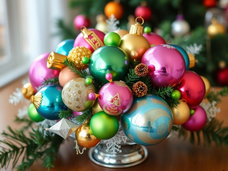 A colorful vintage ornament centerpiece featuring an array of bright, shiny ornaments in red, gold, pink and green.