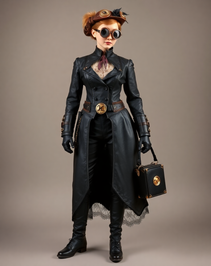 A lady dressed in a unique outfit that combines Victorian fashion with intricate steampunk elements, such as gears and brass accents.