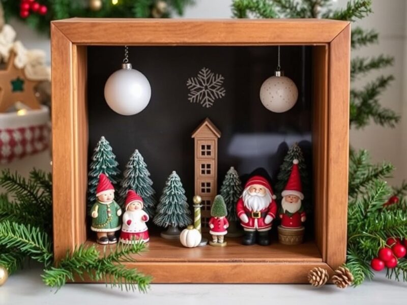 A charming vintage Advent shadow box display, with numbered compartments filled with small festive decorations and treats for the holiday countdown.