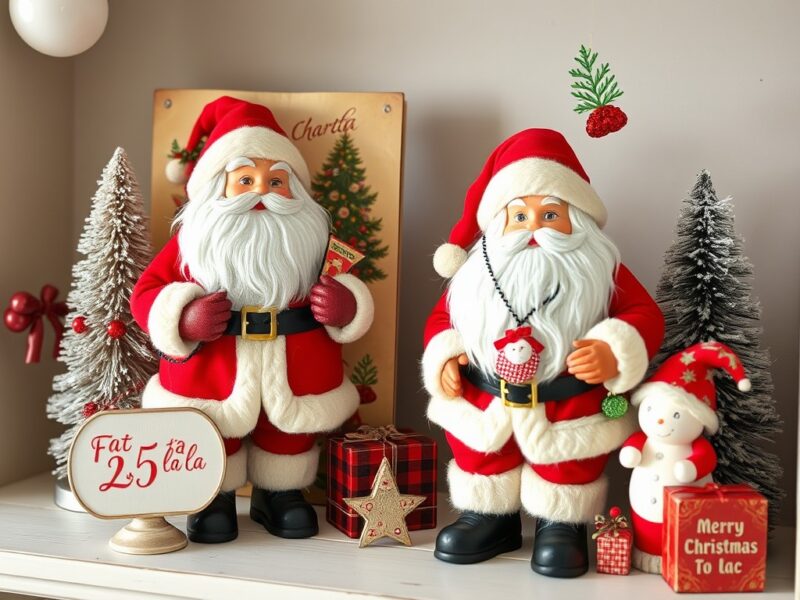 A display of vintage Christmas cards and Santa figurines arranged together, evoking holiday spirit with classic charm and warmth.