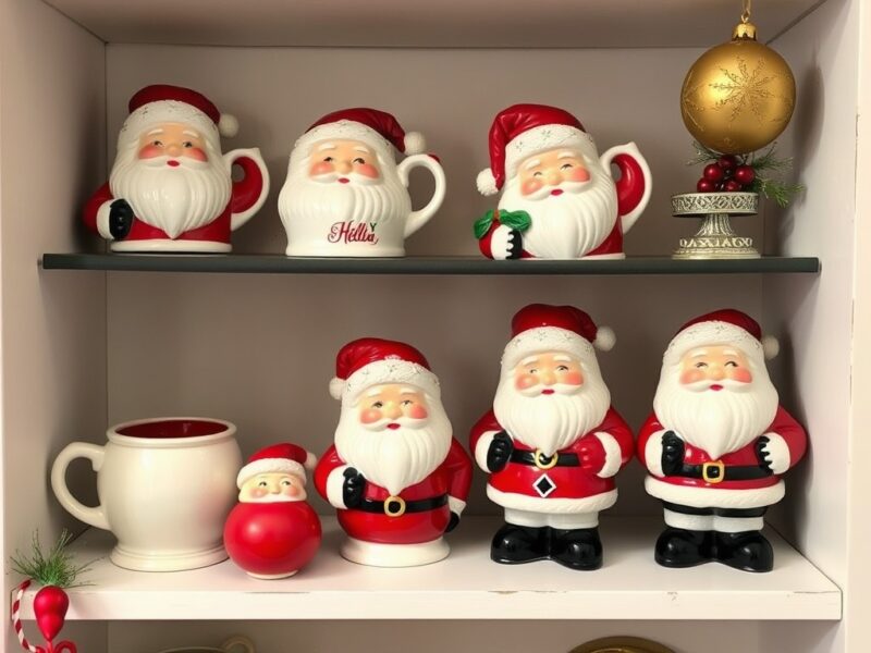 A collection of vintage Santa mugs, each with unique designs and cheerful holiday themes, arranged neatly on a shelf.