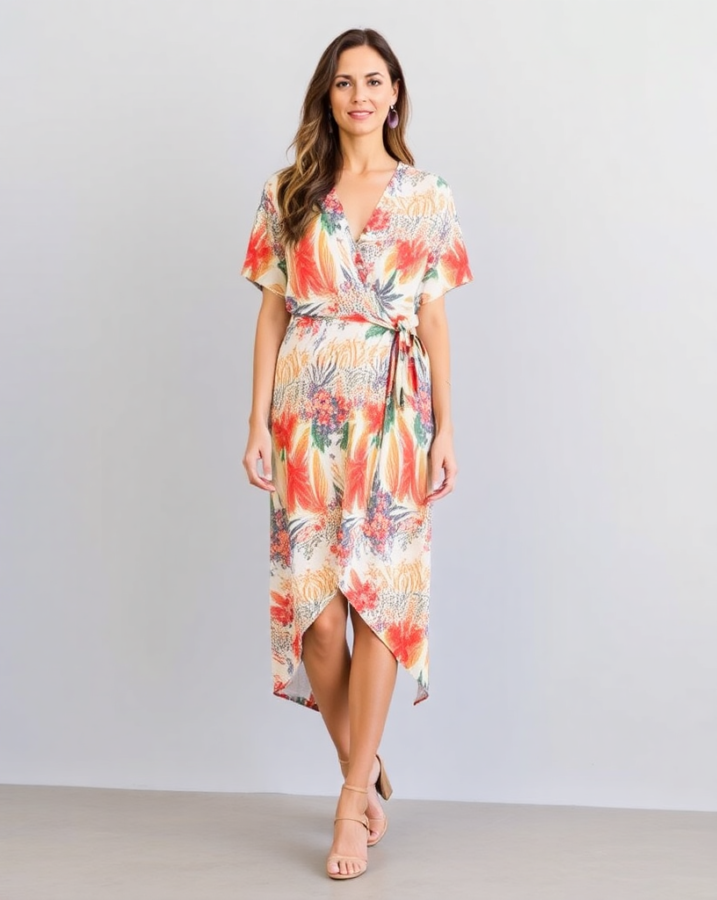 A lady dressed in a comfortable and stylish Acubi wrap dress, perfect for a relaxed weekend warm-up.