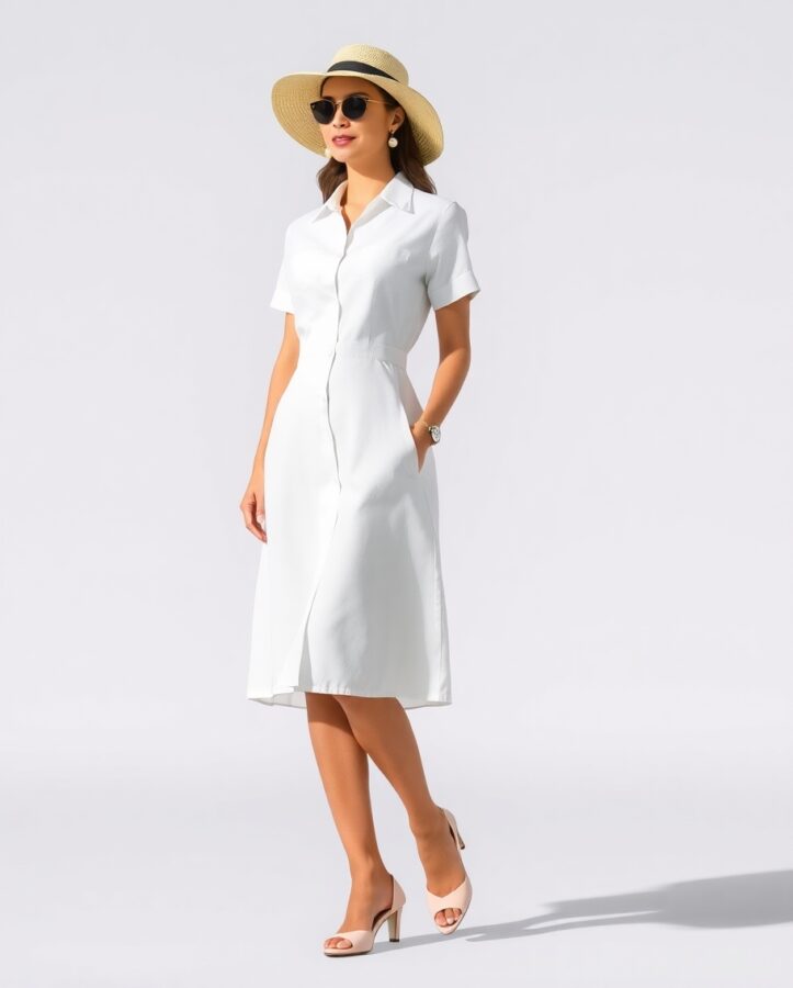 A lady dressed in a stylish white button-up dress with a vintage touch, showcasing a tailored fit, classic collar, and mid-length hem for a polished retro glamour 'dress to impress' ensemble.