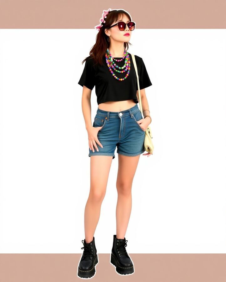 A trendy Y2K-inspired outfit featuring a mix of low-rise jeans, crop top, and colorful accessories, capturing the essence of early 2000s fashion.