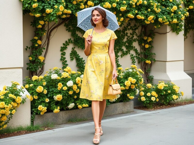 A lady in a cheerful yellow floral dress with a retro-inspired design, featuring a flattering fit-and-flare silhouette, vibrant floral patterns, and a breezy 'dress to impress' charm.