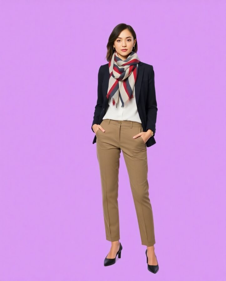 A lady wearing a business-casual outfit with personality, consisting of  a colorful blazer, patterned shirt, pants and scarf perfect for a modern and stylish audition look.