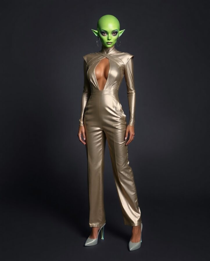 A lady wearing a sleek, elegant outfit inspired by extraterrestrial cultures, featuring metallic fabrics, geometric patterns, and minimalist design.