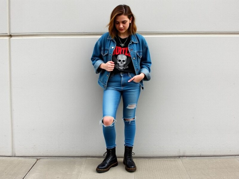 A lady in a classic grunge look featuring a band t-shirt layered under a denim jacket and paired with iconic Dr. Martens boots.