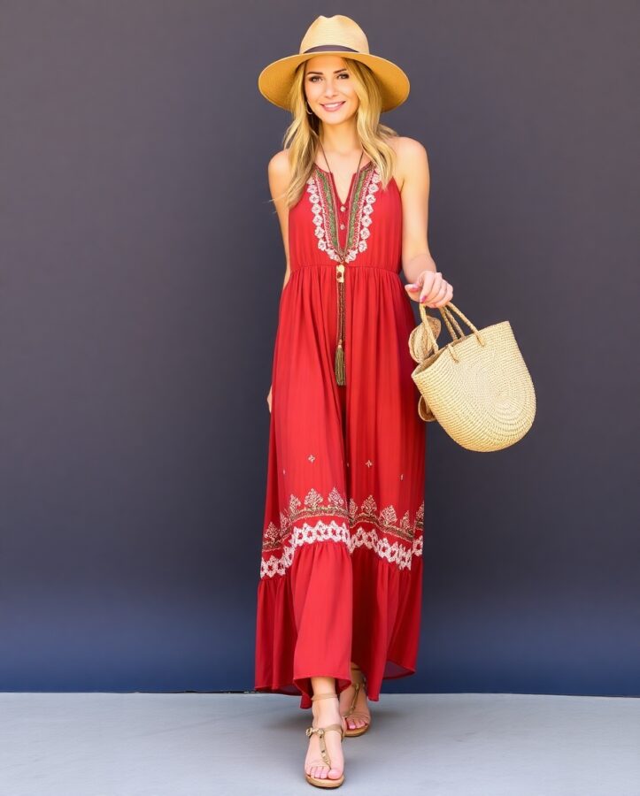 A lady dressed in a bohemian maxi dress, creating a free-spirited and romantic look for a date night.