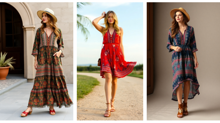 Three women dressed in Boho dress to impress outfits