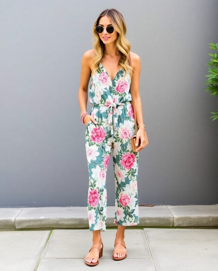 A lady in a vibrant boho-inspired jumpsuit with a floral print, perfect for a summer festival or a relaxed evening out.