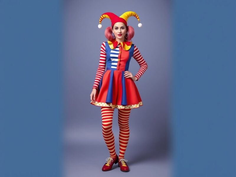 Jester dressed as a circus performer, exuding energy and playful charm in a colorful, bold costume.