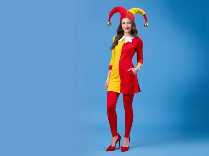 Jester in a classic red and yellow outfit, exuding playful energy.