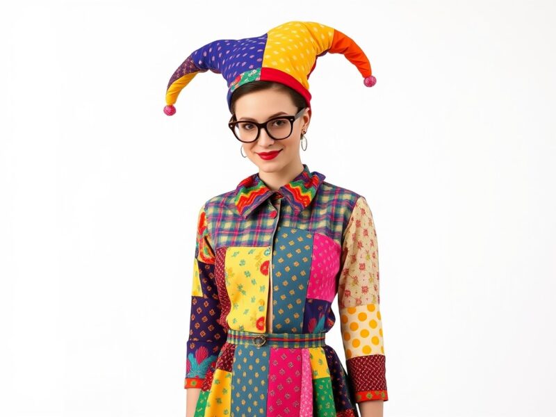 Jester in a vibrant, colorful patchwork outfit, full of energy and playfulness.