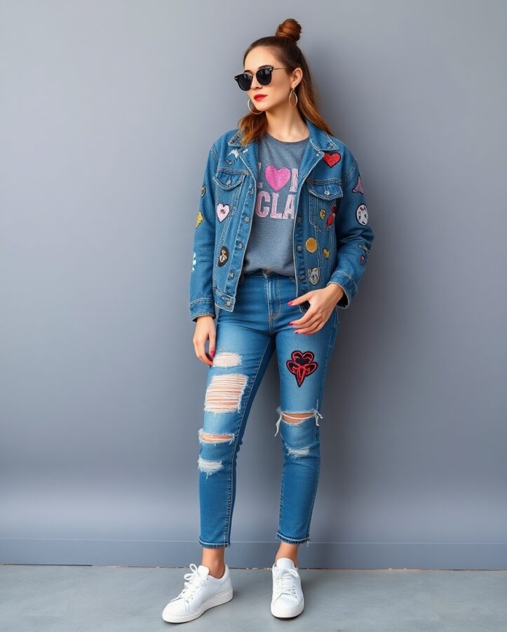 A person wearing a denim jacket and jean with embroidered patches, showcasing a popular DIY customization technique.