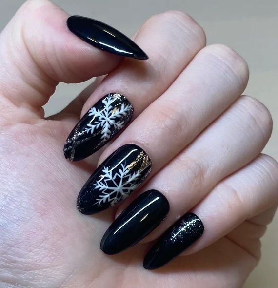 Dark Winter Nails with Snowflakes