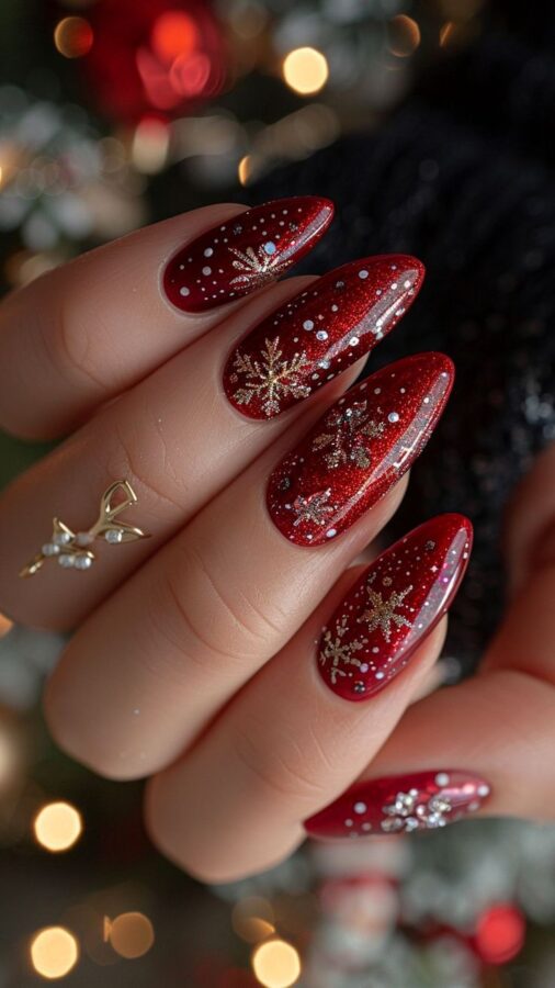 Dark and Sparkly Red Nails - Winter Nails