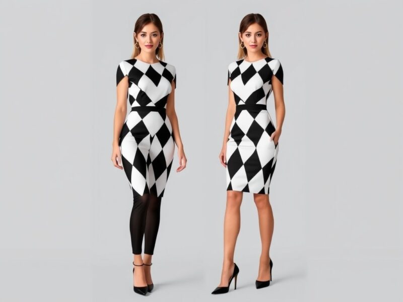 Elegant jester in black and white harlequin pattern, showcasing a refined style.