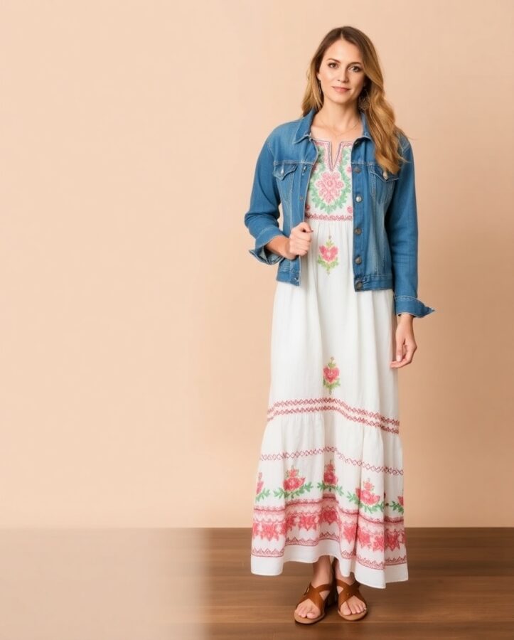 A lady in a stylish boho outfit featuring an embroidered maxi dress casually layered with a denim jacket.