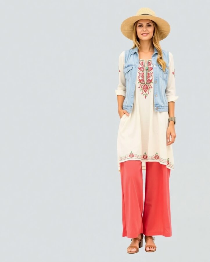 A lady in a  bohemian-inspired outfit featuring an embroidered tunic top paired with wide-leg pants, creating a stylish and comfortable look.