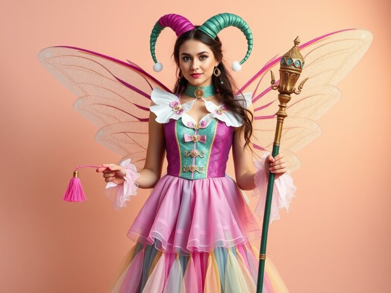 Jester in a whimsical, fantasy-inspired outfit, blending magical elements with vibrant colors.