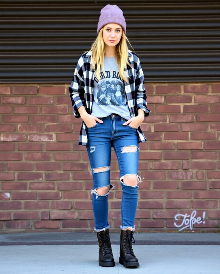 A lady wearing a casual grudge outfit featuring a flannel shirt layered over a band t-shirt, paired with ripped jeans.