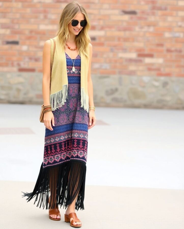 A lady in a bohemian-inspired outfit featuring a fringed hem dress paired with a cropped vest, adding a touch of edge to the look.